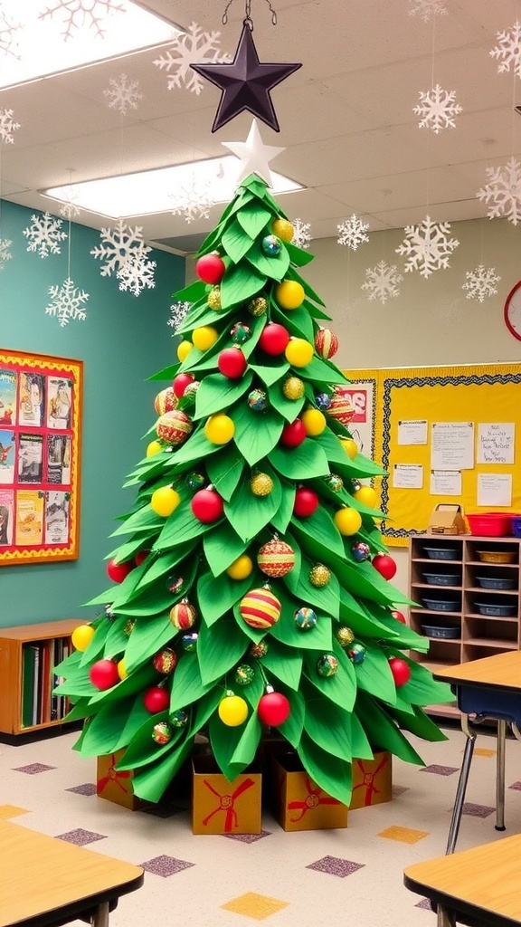 A festive classroom filled with Christmas decorations, including a DIY tree, lights, and student artwork.